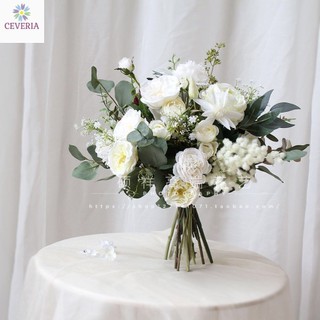 Bó hoa cầm tay cô dâu, hoa đính hôn, chụp ảnh mẫu đơn và kèm mimosa trắng CEVERIA