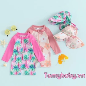 Bộ đồ bơi đi biển bé gái dài tay in hoa / cây nhiệt đới có khóa kéo lên Bộ đồ tắm + mũ 2 chiếc