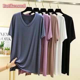 Áo thun nữ dáng rộng cổ chữ V Modal dáng rộng Áo thun ngắn tay trơn mùa hè Slim Plus Size Áo sơ mi trắng