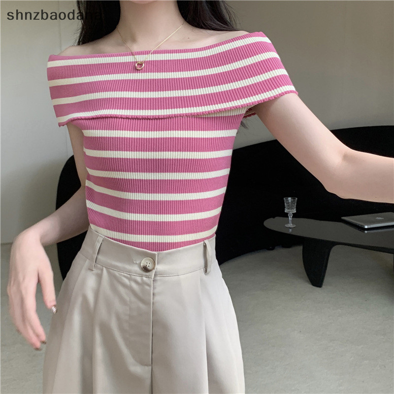 KBM Áo thun dệt kim sọc thời trang mùa hè dành cho nữ gợi cảm lệch vai ngắn tay Slim Top FSSG
