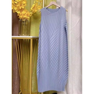 Lợi ích mới!Miyake Xếp Ly Mỏng Hơn Nhìn Kích Thước Lớn gợn Nước Hàng Năm Nhẫn Cong Đầm Bất Đối Xứng Cao Cấp Không Tay Dài Tính Khí Ele