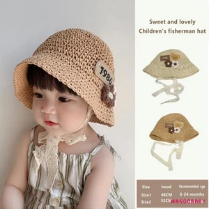 Mg-little Girl Mùa Hè Mũ Rơm Gấu Họa Tiết Hoa Thoáng Khí Vành Rộng Người Cá Mũ Cho Bãi Biển