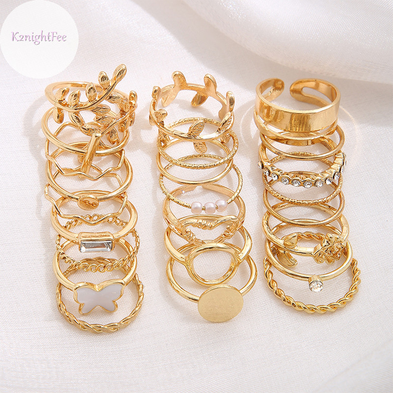 K2nightfee Vintage Vàng Bạc Màu Trái Tim Bộ Nữ Lá Ngọc Trai Hình Học Nhẫn Hoa Hợp Thời Trang Ngón Tay Trang Sức VN