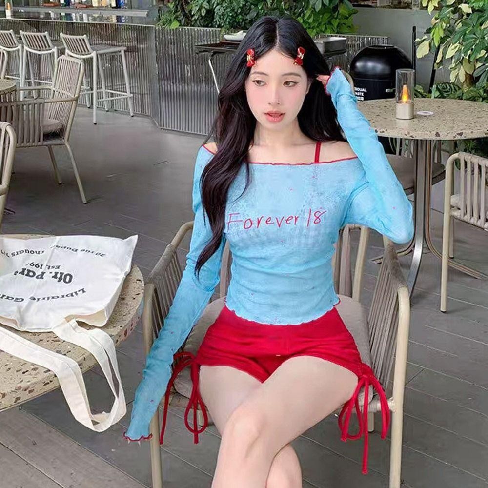 Hobbyin 4 Cái / bộ Bikini, Đồ bơi nữ thêu màu xanh Y2k, Áo Crop top chống nắng mùa hè