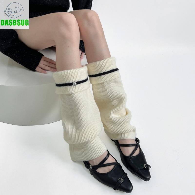 Dasbsug Thời Trang Vòng Tay Sọc Dệt Kim Chân Ấm Có Nút Kim Loại Cho Nữ Slouchy Chân loe Tay Áo Boot Có