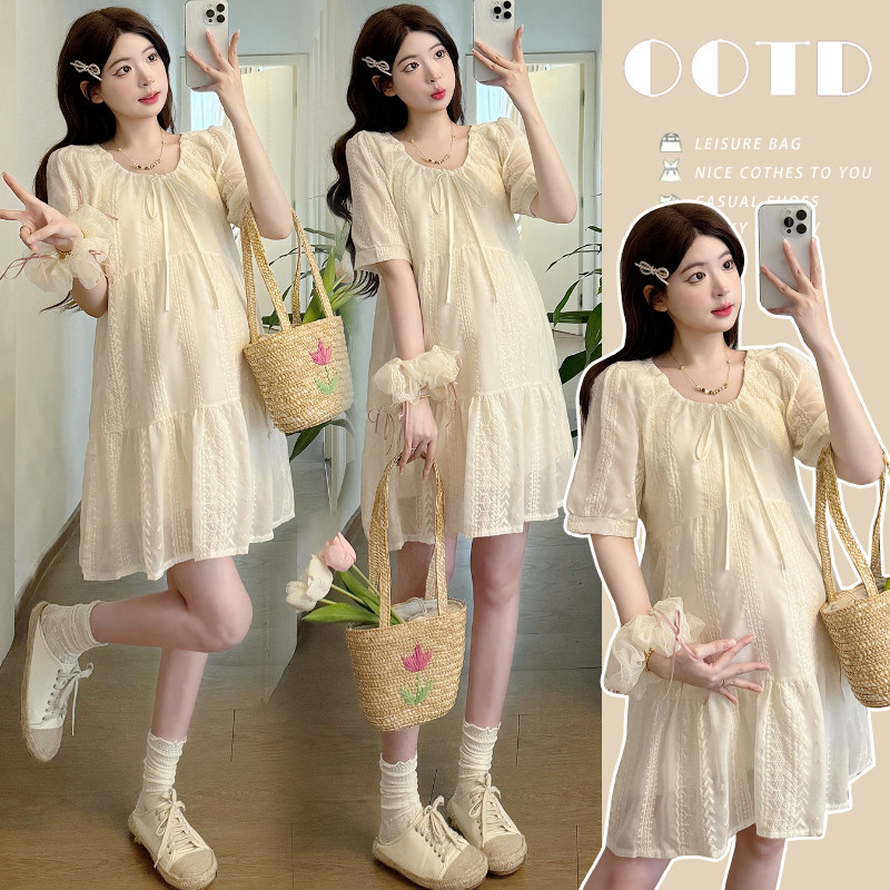 Váy bà bầu thời trang mùa hè Phong cách mới thêu ren cho bà bầu