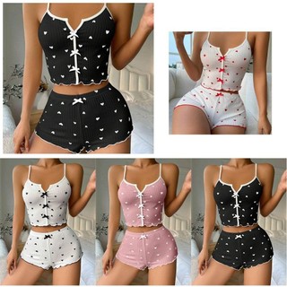 Bộ Đồ Ngủ Mỏng SMILE, Bộ Đồ Ngủ Sling In Hình Trái Tim Không Lưng, Nơ Co Giãn Polyester Sling Quần Short Nữ