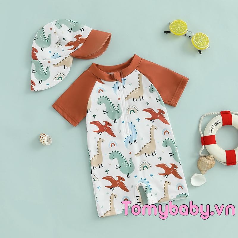 Đồ bơi bé trai mới biết đi Họa tiết khủng long tay ngắn nửa dây kéo không đóng cọc Rash Guard Đồ bơi + Sunhat