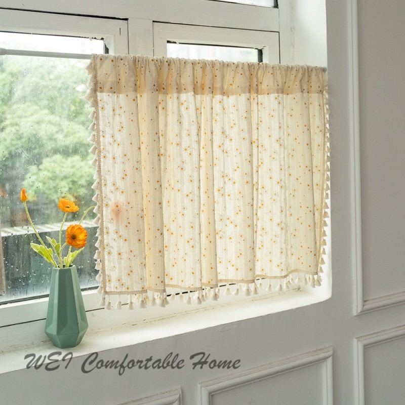 Rèm cotton hoa cúc tua rua kiểu Nhật cho cửa sổ bếp, ngắn, trang trí cửa cà phê