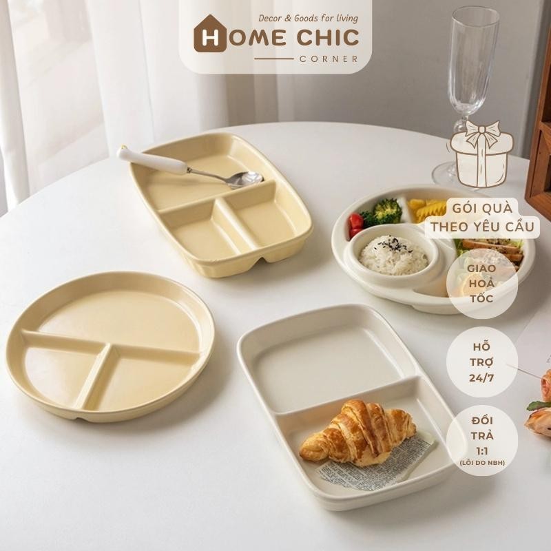 Đĩa sứ tròn chia ngăn đựng thức ăn màu pastel, đĩa ăn d…