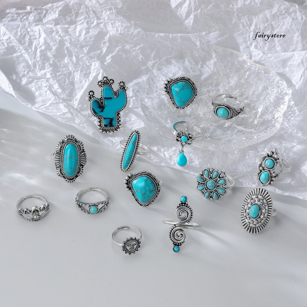 [Cổ tích] 14 Cái / bộ Vintage Bohemian Open End Bộ Nhẫn Có Thể Điều Chỉnh Xương Rồng Hình Mặt Trời Giả Ngọc Trai Nhẫn Knuckle Quà Tặng Trang Sức Thời Trang
