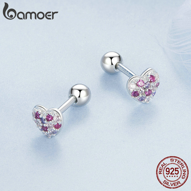 Bamoer 925 Sterling Sliver Bông Tai Hình Trái Tim Cầu Vồng Trang Sức Quà Tặng Cho Nữ
