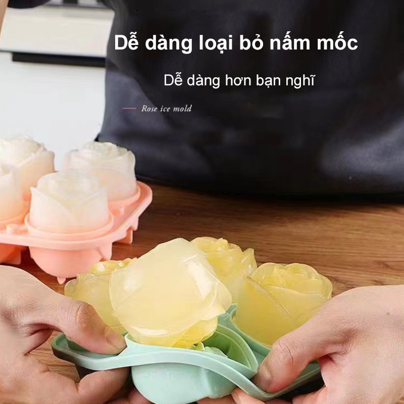 Khuôn làm đá 4 viên hình bông hoa hồng khay đá silicon，Hộp đựng đồ uống lạnh bằng silicon gia dụng，Đẹp và thiết thực