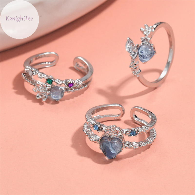 K2nightfee 3 Cái / bộ Nhẫn Trái Tim Opal Màu Xanh Thời Trang Cho Nữ Hoa Mở Nhẫn Đính Đá Ngón Tay Tiệc Cưới Hợp Thời Trang Bé Gái Trang Sức VN