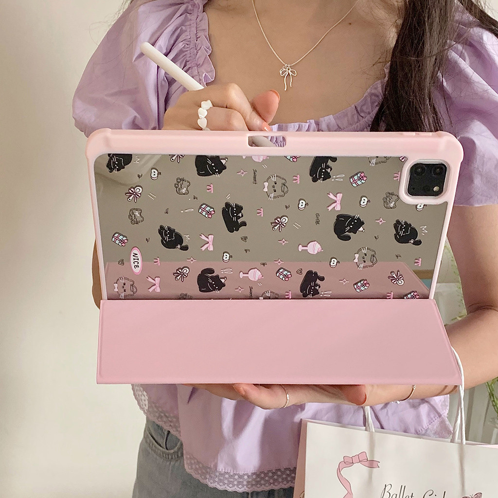 Vỏ Gương Acrylic Cho IPad Mini6 5 6 7 8 9 Air Air2 Air3 Air4 Air5 Air6 10.9 "Pro10.5 Pro11 Pro12,9 2018 2020 2021 2022 Air M2 Pro 11 13 M4 2024 Ba Vỏ Da Mèo Con Màu Đen