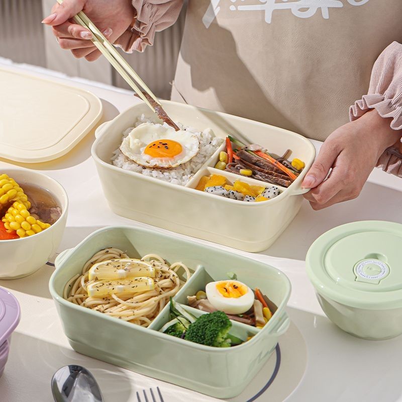 Hộp cơm gốm 3 ngăn có nắp kín, cách nhiệt, kèm bát, dùng cho bữa trưa