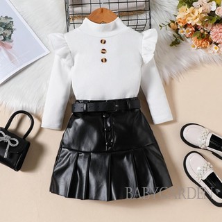 Baga-1-6yeaf kids Girl Trang phục 2 món / Áo dài tay xù xì * / Váy xếp li bằng da / Bộ quần áo dễ thương mùa thu cho bé