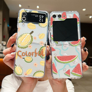 Hoa Văn In Hình Trái Cây Trong Suốt Silicon Mềm Vỏ Điện Thoại Cho Samsung Galaxy Z Flip 6 5 4 3 Flip6 Flip5 Flip4 Khóa Kim Loại Gấp Bao