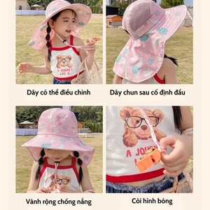 Mũ Nón Rộng Vành [ Hàng Dày Loại 1 ] Kèm Còi Che Vai Gáy Phong Cách Hàn Quốc Cho Bé Từ 2-8 Tuổi Đi Du Lịch Chống Nắng Hè