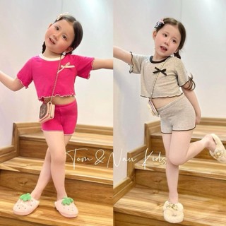 S124-  Set bộ áo thun Croptop phối quần leggin đùi cho bé iu Cotton Vải Gân Cotton - Size 8-30Kg