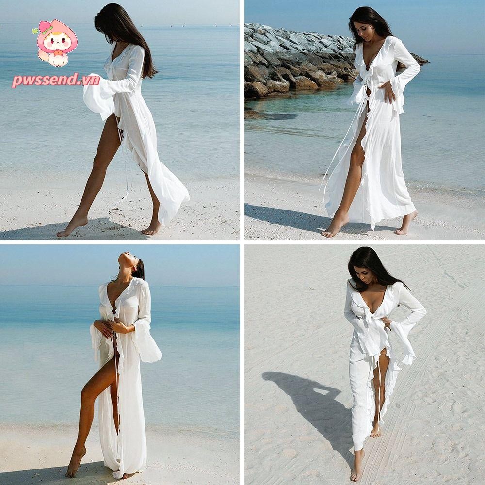 Pwssend Đi Biển Mùa Hè Che, Đầm Đi Biển Xù Cổ Chữ V, Thời Trang Dài Tay Kỳ Nghỉ Rời Bikini Chống Nắng Smock Cho Nữ