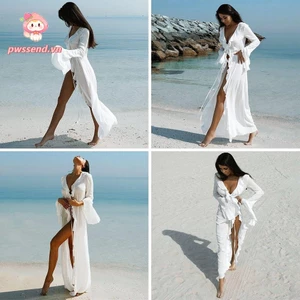 Pwssend Đi Biển Mùa Hè Che, Đầm Đi Biển Xù Cổ Chữ V, Thời Trang Dài Tay Kỳ Nghỉ Rời Bikini Chống Nắng Smock Cho Nữ