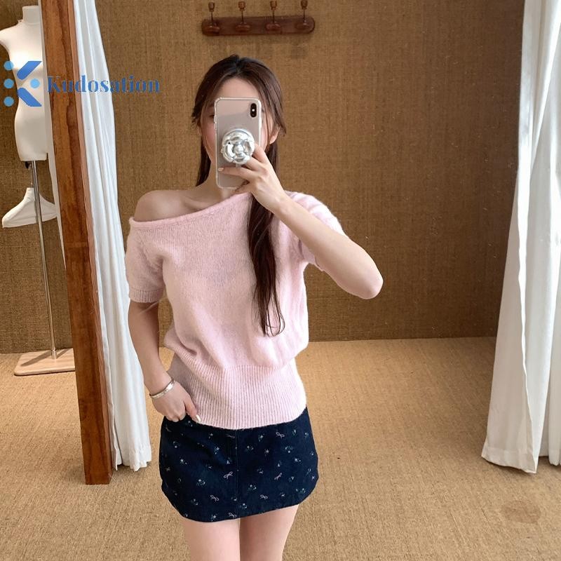Kudosation Áo ngắn tay lệch vai Áo nữ mùa hè Áo thun chắc chắn phù hợp Áo thun đẹp