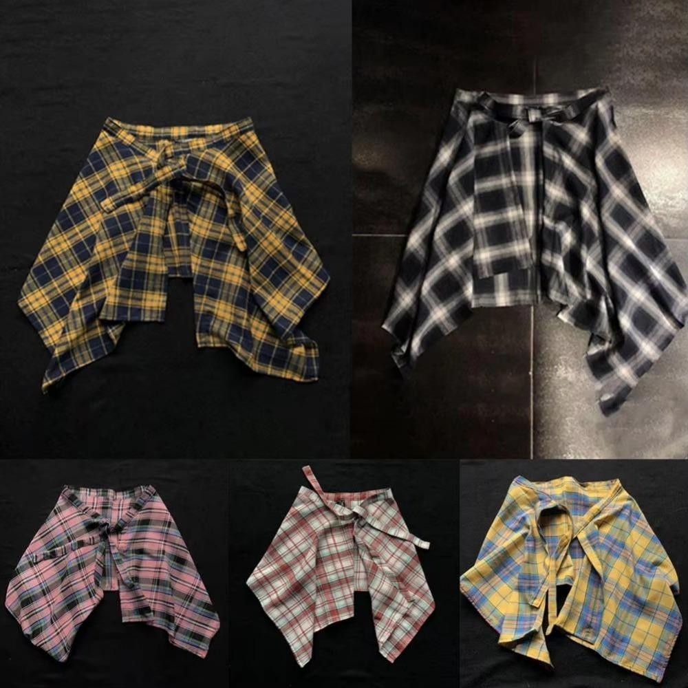 Áo sơ mi eo HOBBYIN và váy kẻ sọc nơ retro lưới mini chữ A xanh trắng, phù hợp cho bé gái dạo phố