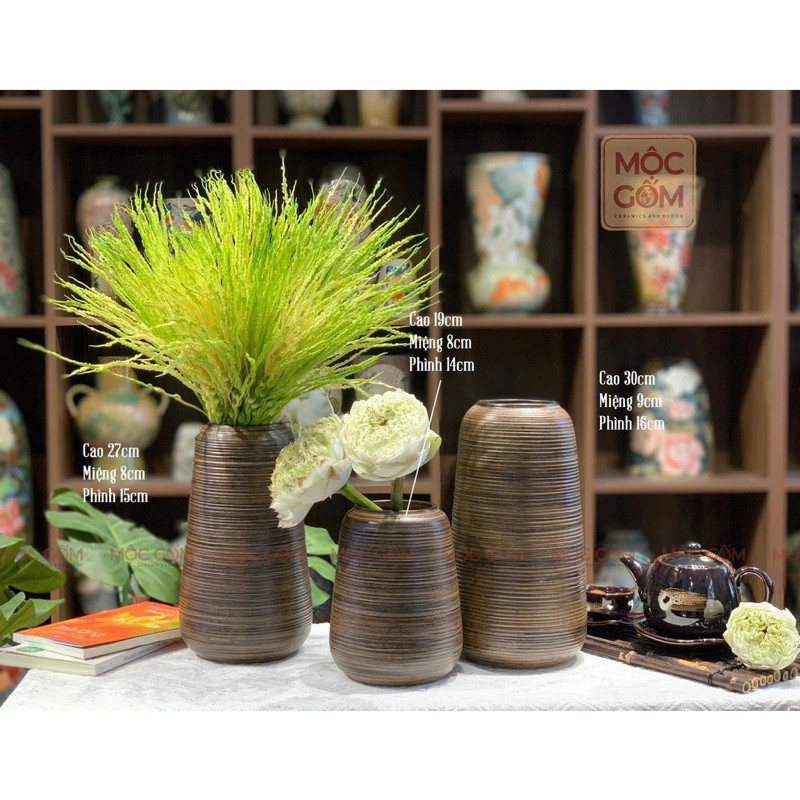 Bình gốm Bát Tràng men nâu mộc trang trí decor cắm hoa hồng, hoa sen, hoa mẫu đơn