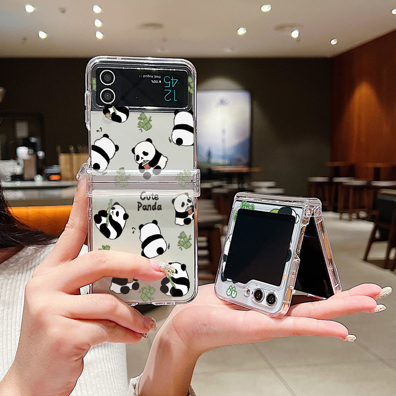 Phim Hoạt Hình Họa Tiết Gấu Trúc Trong Suốt Vỏ Điện Thoại Cho Samsung Galaxy Z Flip 6 Flip 5 Flip 4 5G Full Bản Lề Cứng PC Gấp Dành Cho Samsung Z Flip 6 5 4 3