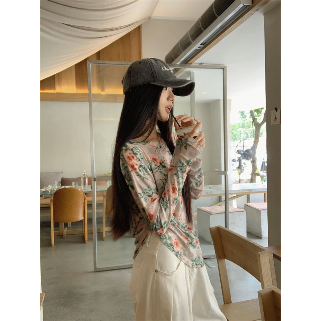 Milyfashion Rời Kích Thước Lớn Thường Ngày Retro Hoa Dài Tay Đáy Áo Sơ Mi Phong Cách Mới Mùa Hè Chống Nắng Quần Áo Tulle Bên Ngoài Top