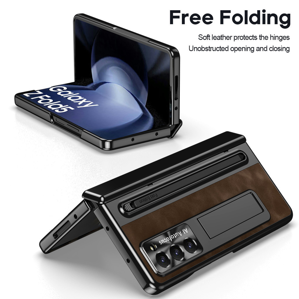 Giá đỡ da sang trọng có khe cắm bút Stylus Samsung Galaxy Z Fold 6 Z Fold 5 Z Fold 4 Vỏ bảo vệ bản lề màn hình kính cho Z Fold4 Fold5 Fold6