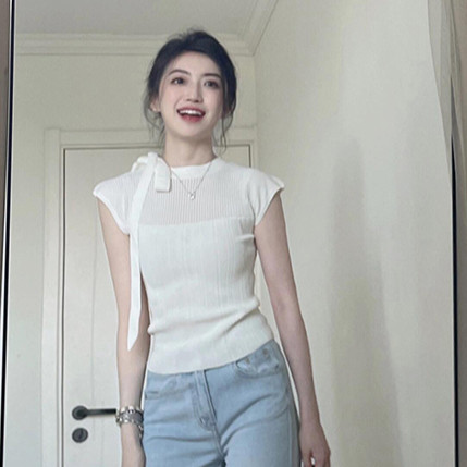 Suxi Retro Mùa Hè Mới Tối Giản Slim Fit Nơ Cổ Tròn Tay Ngắn Dệt Kim Áo Thun Nữ Top 240627