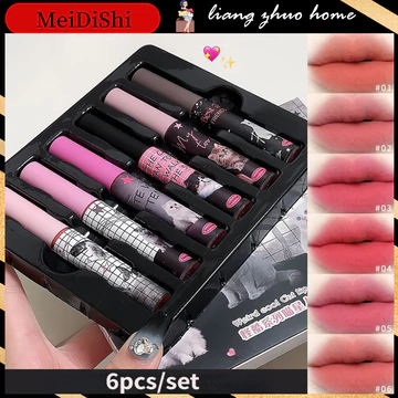 Daimanpu 6 Cái Mèo Dễ Thương Môi Glaze Hồng Matte Velvet Son Môi Bộ Chống Dính Cốc Son Bóng Bộ Làm Đẹp Hàn Quốc Trang Điểm Môi Chống Thấm Nước Mỹ Phẩm