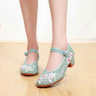 Linglan Phong Cách Mới Vuông Gót Phù Hợp Với Sườn Xám Hanfu Giày Phong Cách Dân Tộc Giày Đơn Thêu Giày