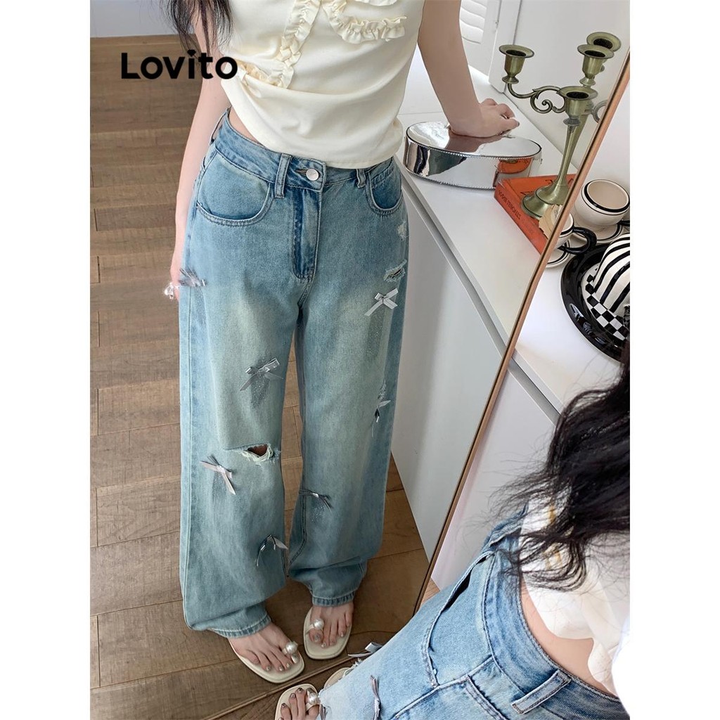 Ảnh Quần jean nữ Lovito nơ màu trơn phong cách thường ngày LNA73086 1