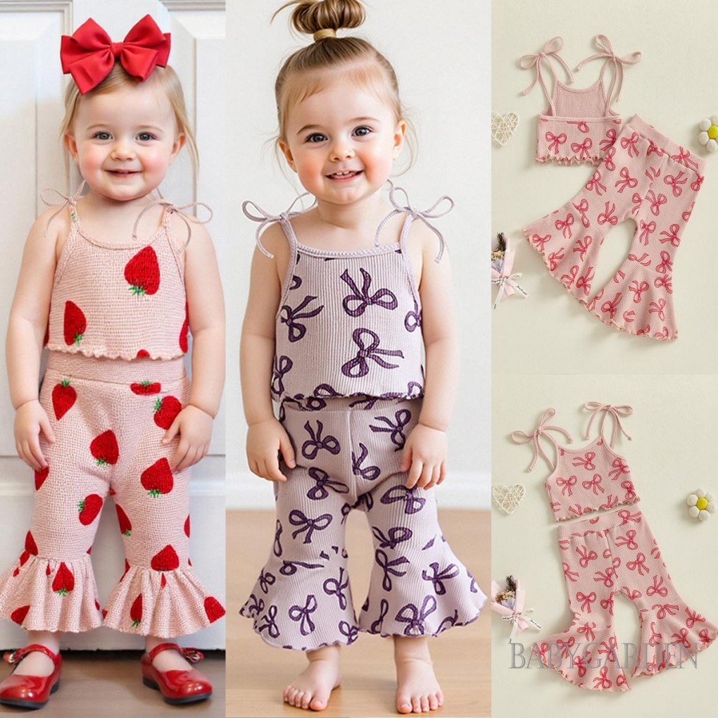 / / -6M-5Y Bé Gái Trang Phục Mùa Hè Cho Bé Gái Áo Nơ In Dây Đeo Spaghetti Không Tay Áo + Quần loe