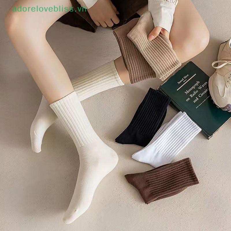 THÊM Giữ ấm và lạnh ngoài trời Tất nữ màu trơn Thời trang Kaki Tất Cotton trắng màu nâu cho bé gái Hàn Quốc BSS