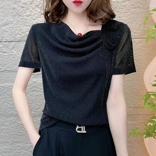 Vai Hoa Phong Cách Pháp Cọc Cổ Áo Nữ Mùa Hè Phong Cách Mới Mẹ Phong Cách Phương Tây Sáng Lụa Mềm Sợi Nhỏ Áo Sơ Mi Tay Ngắn