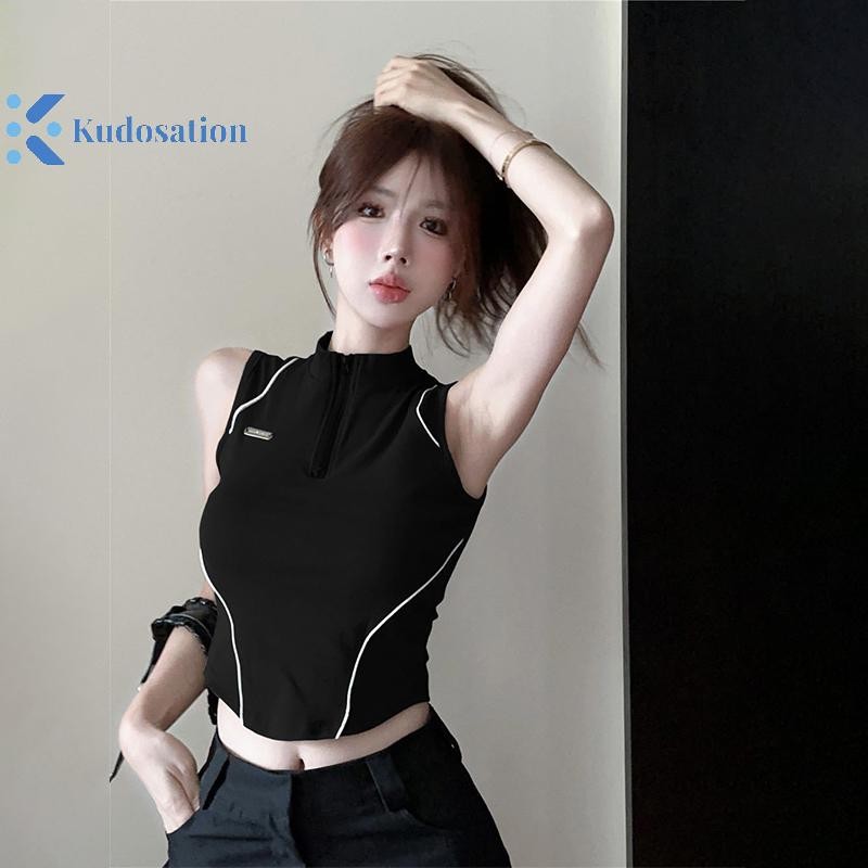 Kudosation Thời Trang Mỹ Nửa Khóa Kéo Đứng Cổ Chắp Vá Không Tay Slim Tank Top Nữ Crop Top Đẹp