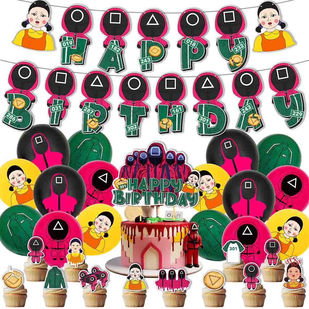 Squid Game Themed Birthday Party Decorations Set Balloons Banner Cake Topper