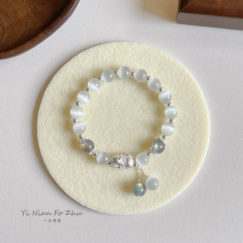 Vòng tay đá mắt mèo Pixiu dành cho nữVintage Niche DesignLucky Hạt xám Moonstone Pixiu Vòng tay