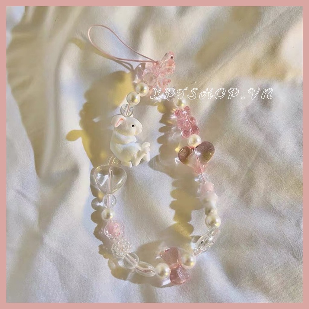 Vòng tay mặt dây chuyền thỏ nơ, handmade đính hạt, chống hư hại, đa năng