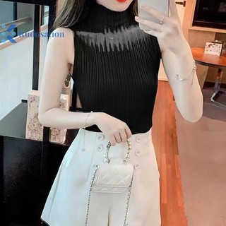Kudosation Mùa Hè Hàn Quốc Nửa Cổ Rùa Rỗng Dệt Kim Áo Vest Nữ Màu Trơn Không Tay Slim Tank Top Đẹp