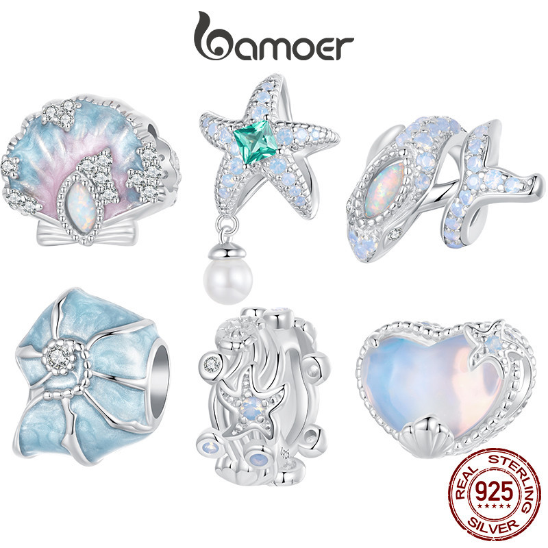 Bamoer 925 Sterling Sliver Charm WhaleStarfish Dreamy Shell Thiết Kế Mặt Dây Chuyền Xanh Dương Phụ Kiện Cho Vòng Tay Quà Tặng Cho Nữ Bé Gái