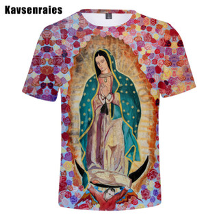 Guadalupe Virgin Mary Công Giáo Áo Thun Nam Unisex Thời Trang Thường Ngày 3D In Áo Mùa Hè Bông Tai Kẹp Dạo Phố Quá Khổ Áo