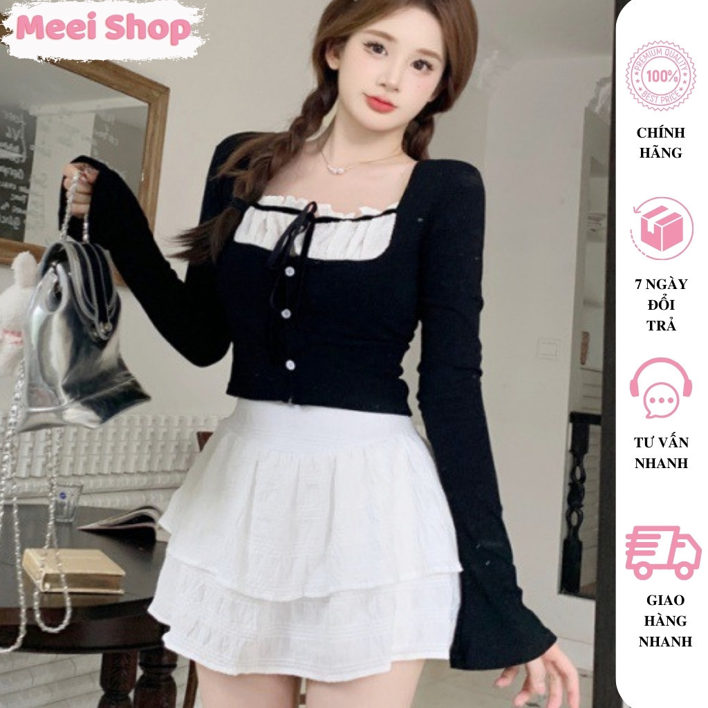 Áo croptop nữ tay dài cổ vuông phối bèo cột nơ trước ngực Meei Shop, Áo kiểu nữ phong cách tiểu thư sang trọng -A404-
