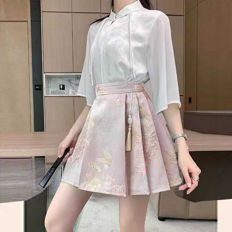 Cao Cấp Jacquard Phong Cách Quốc Gia Váy Mặt Ngựa Nữ Nửa Chiều Chữ A Ôm Xếp Ly Váy