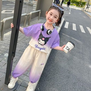 Trang phục phong cách Hàn Quốc mùa hè của bé gái Kuromi Melody 2024: Bộ áo ngắn tay và quần thường ngày có khóa màu hợp thời trang