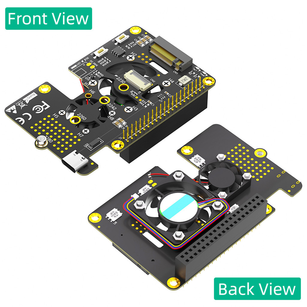 Jmt Phiên bản mới Combo 3 trong 1 M.2 NVMe SSD sang PCI-E Bộ chuyển đổi với quạt làm mát kép và đèn LED đổi màu tự động cho Raspberry Pi 5